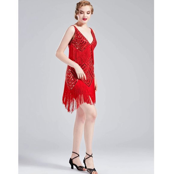 NWT red beaded deco flapper dress ALL SIZES - Picture 5 of 7